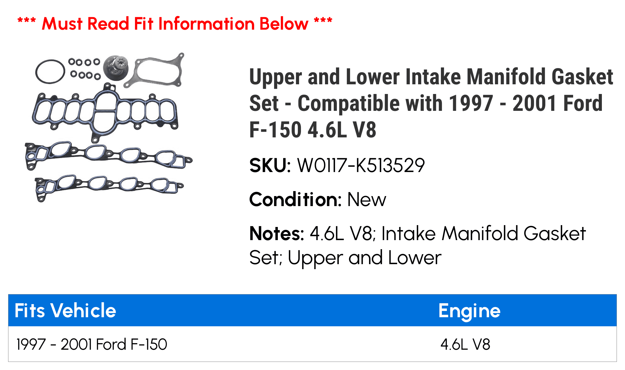 Upper and Lower Intake Manifold Gasket Set - Compatible with 1997 - 2001 Ford F-150 4.6L V8 1998 1999 2000