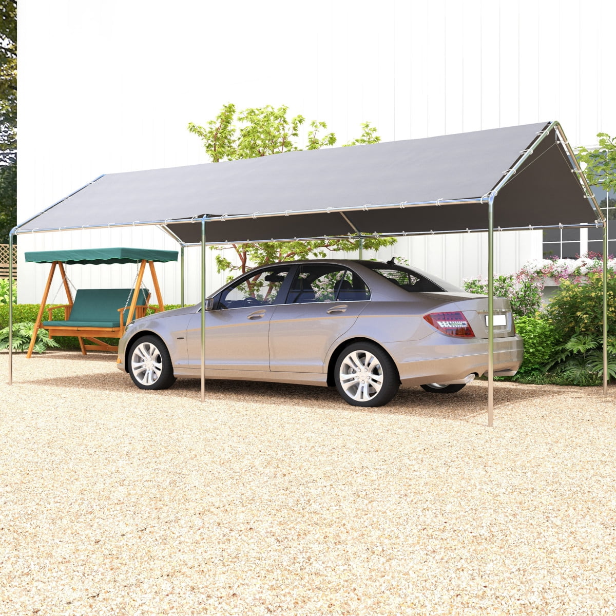 LuckyNote 10'x20' Heavy Duty Carport, Galvanized Steel Canopy with Reinforced Cables & Anchor Kit, Grey