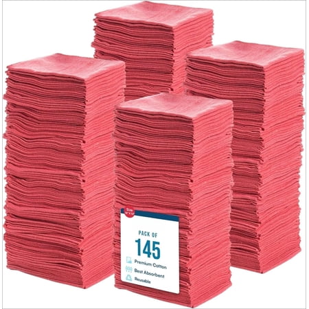Cotton Shop Towels, Commercial Grade, Red, 145 Pack, Size: 14" x 12"