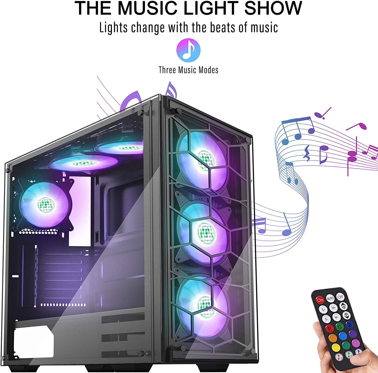 MUSETEX ATX Mid-Tower Case 907 Phantom Black, 6 ARGB Fans USB3.0 Honeycomb Airflow Music Remote Control 2 Tempered Glass Panels, Gaming PC Case Computer Chassis (907-MN6)