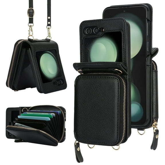 Dteck Crossbody Wallet Case for Samsung Galaxy Z Flip 5, Zipper Pocket Case with Card Holder, PU Leather RFID Blocking Protective Cover Case with Kickstand Detachable Wrist Strap Lanyard,Black