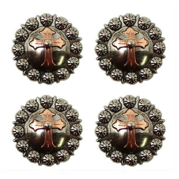 Set of 4 Screw Back 1-1/4" Western Tack Two-Tone Cross Engraved Conchos CO577