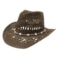 thumbnail image 3 of Woven Hollow Out Cowboy Hat for Women and Men, Western Style Wide Brim Sun Hat, Breathable Straw Beach Hat for Garden Party, Summer Festival, and Casual Outfits Brown, 3 of 3