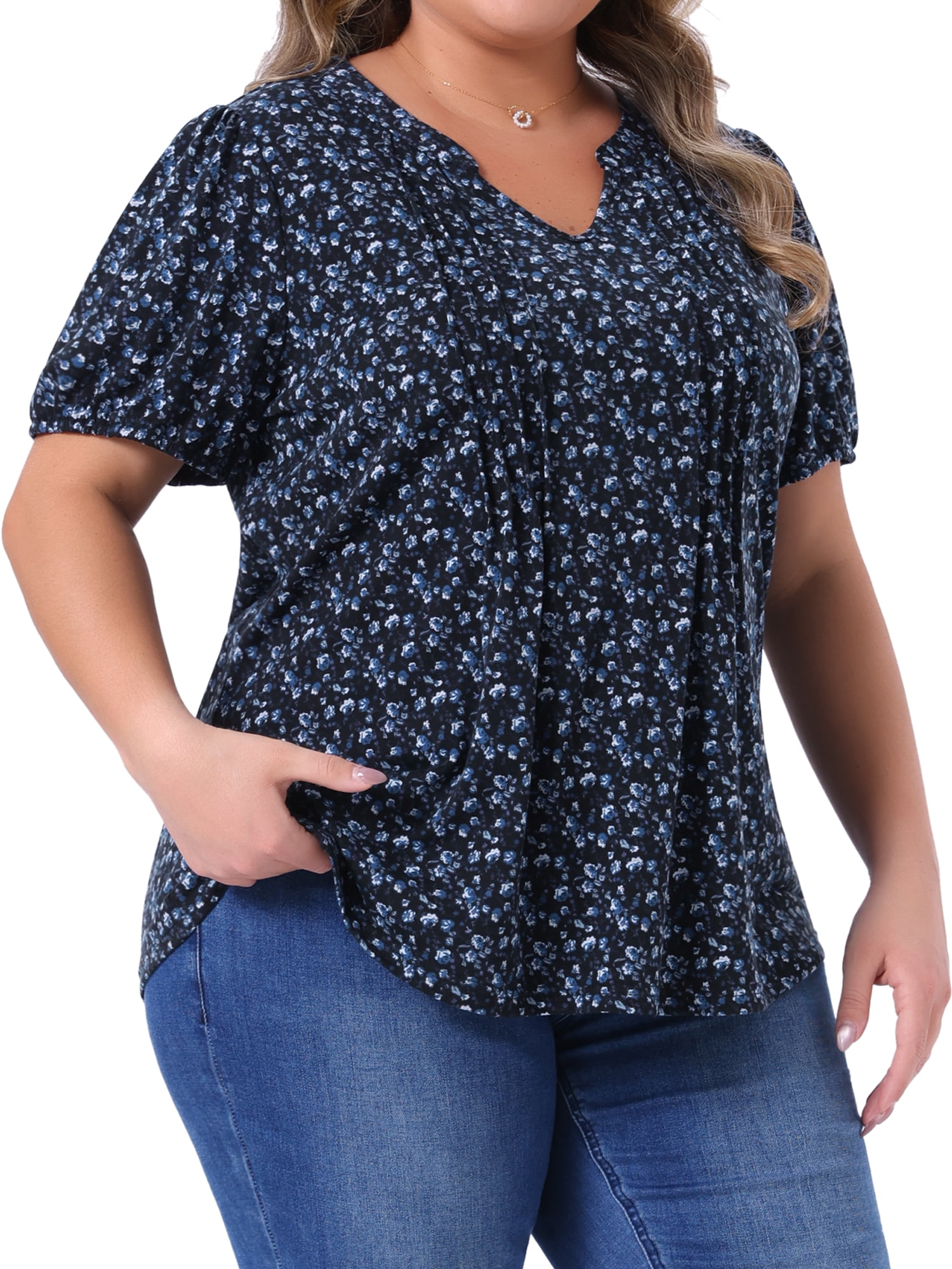 Women's Plus Short Sleeve Pleated T-Shirts Notched V Neck Floral Tops 4X Blue