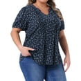 thumbnail image 2 of DARING DIVA Women's Plus Pleated T-Shirts Notched V Neck Floral Tops 2X Blue, 2 of 6