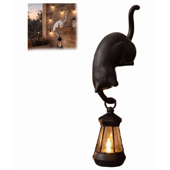 Whimsical Cat with Lantern Shelf Decor, Resin Cat with Lantern Shelf Decor, Cat Figurine with LED Night Light for Bookshelves, Porches, Patios, Gift for Cat Lovers,Black
