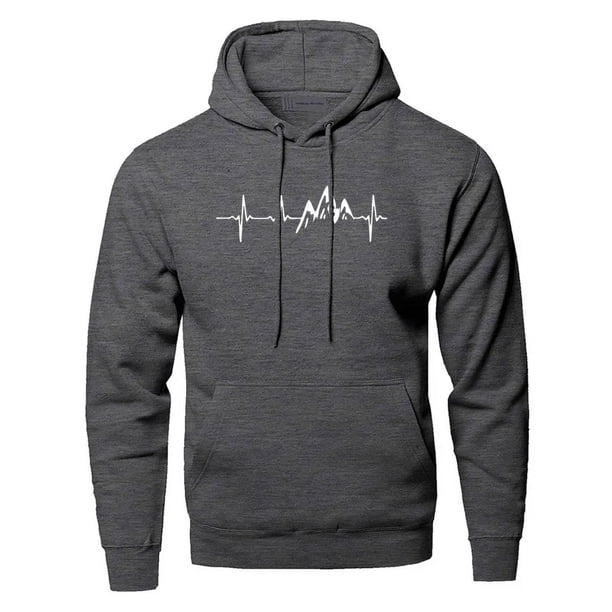 Sudadera con capucha de manga larga para hombre, ropa deportiva con latido de corazón de montaña, color negro y gris, otoño