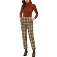 thumbnail image 3 of INSPIRE CHIC Women's Tartan Plaid Pants Elastic High Waist Straight Long Trousers L Brown Beige, 3 of 7
