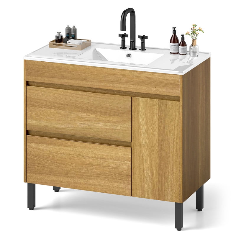 Uforic 36 " Bathroom Vanity with Undermount Sink, Free Standing Bathroom Storage Cabinet with 2 Drawers, Oak