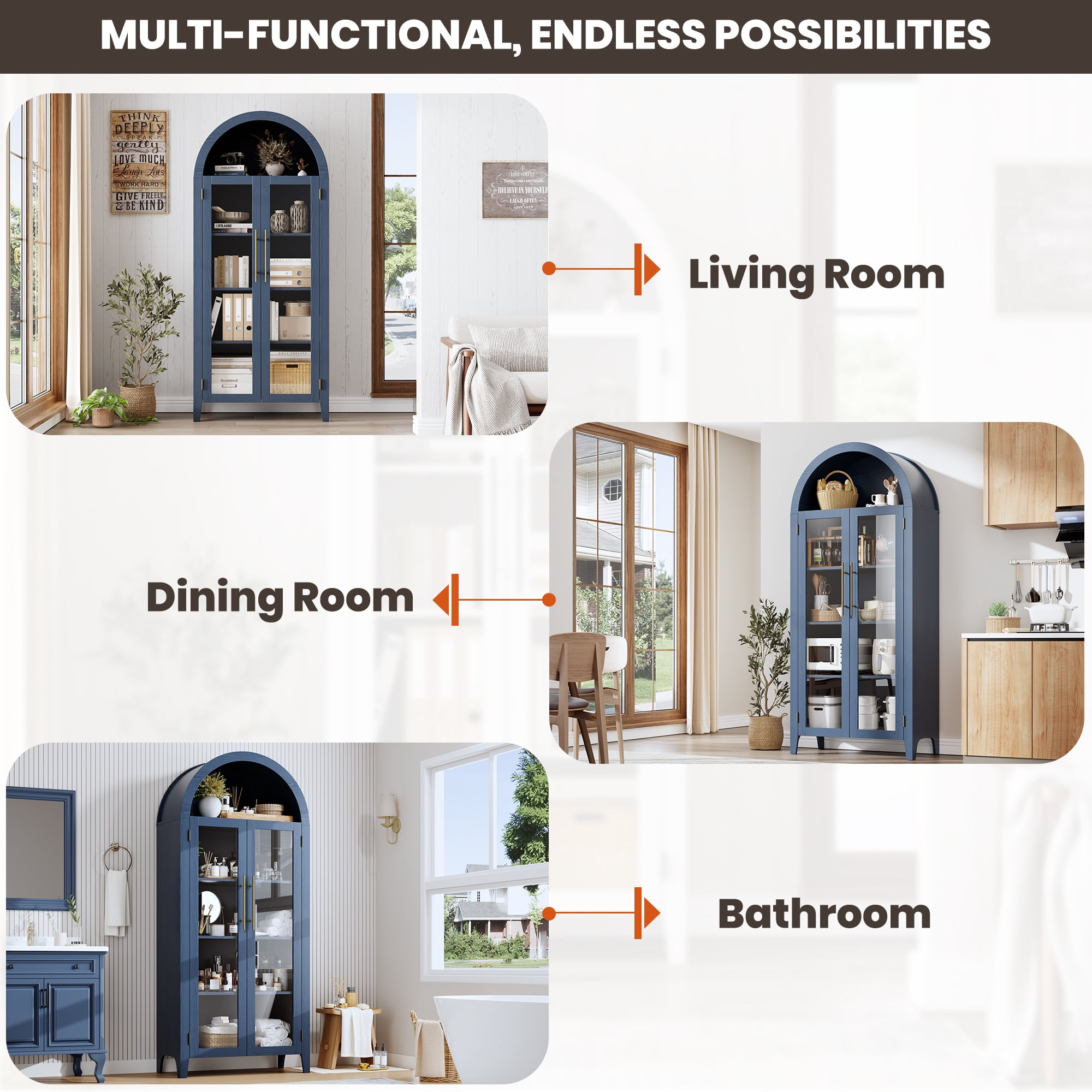 5-Tier Arched Bookcase, Bookshelf with Glass Door, Display Cabinet with Adjustable Shelves, Tall Storage Cabinet for Living Room, Modern Bookcase for Bedroom/Living Room/Home Office
