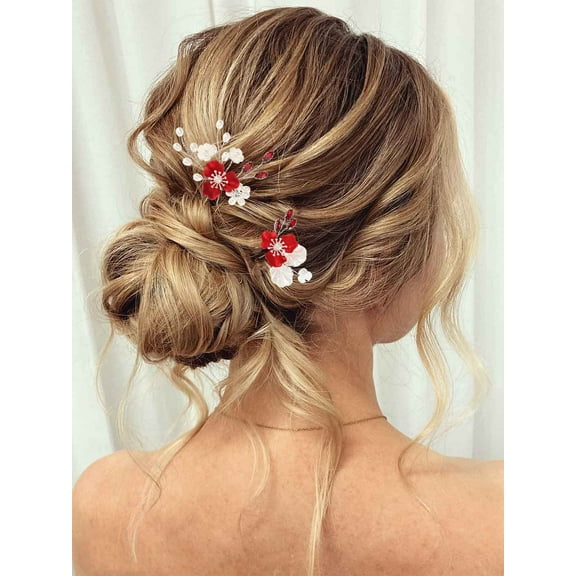 Wedding Bridal Hair Pins Red Flower Bride Hair Clips Pearl Hair Clips Crystal Hair Piece Bridesmaids Hair Accessories for Women and Girls