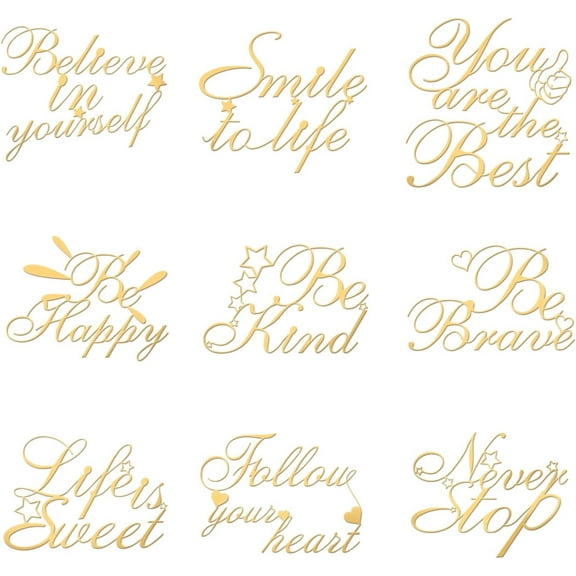 9pcs Inspirational Quote Pattern Stickers Metal Golden Sticker Self Adhesive Words Energy Stickers for DIY Crafts Scrapbooks Epoxy Resin Art Decorations 1.6x1.6inch