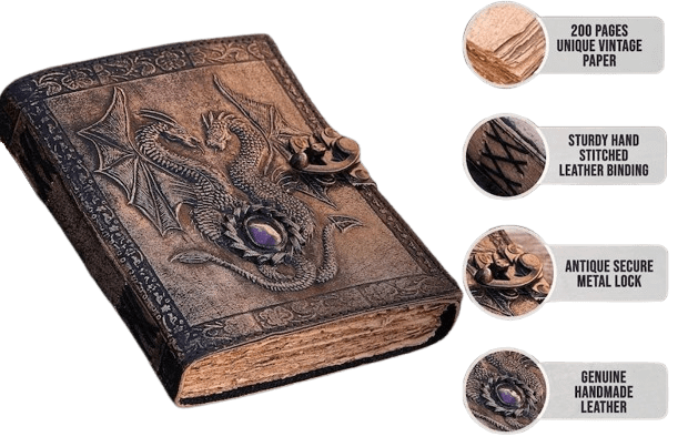 Handmade Leather Dragon Journal – 5x7 Inch Embossed Fantasy Notebook with 200 Deckle Paper Pages, Gemstone Accent, Antique Clasp, Medieval Writing Diary