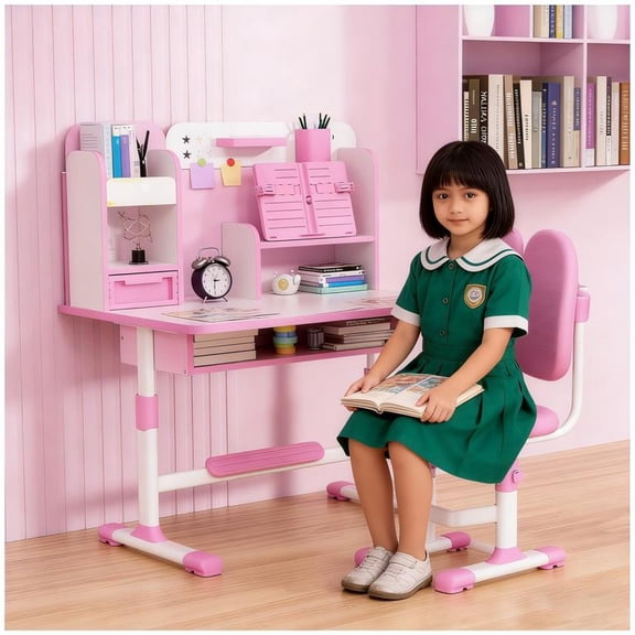 YNCE Small Desk, Kids Study Desk Chair Set, Height Adjustable Children School Study Table Chair Set with Sitting Corrector, Ergonomic Desk Chair with Book Stand, Foot Pedal, Partition Design