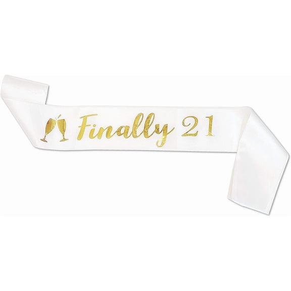 1 pcs Birthday Sash White Satin Finally 21 Sash with Gold Glitter Lettering Party Favors, Supplies and Decorations