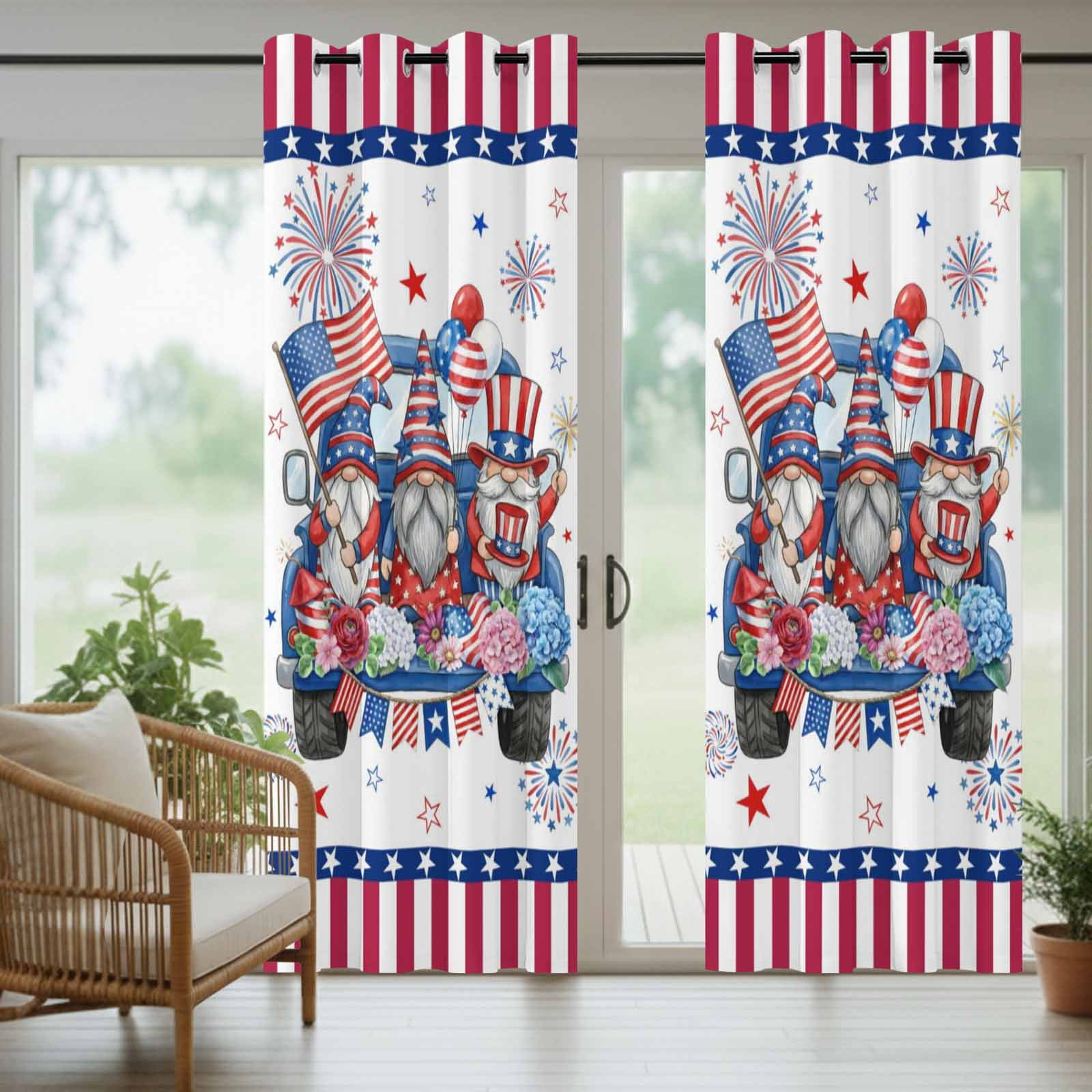 US Anniversary Outdoor Curtains for Patio, Independence Day Gnomes Blue Truck Sunshade Privacy Drapes Grommet Waterproof Outside Curtains for Porch/Cabana/Balcony 54"x 108", 1 Panel