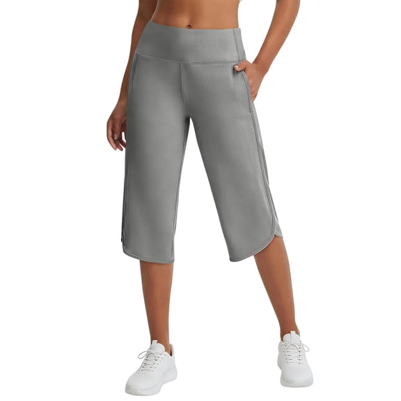 Nestiefly Womens Capri Pants with Pockets Straight Leg Yoga Capris Leggings Mid-Calf Capris Workout Summer Light Gray S