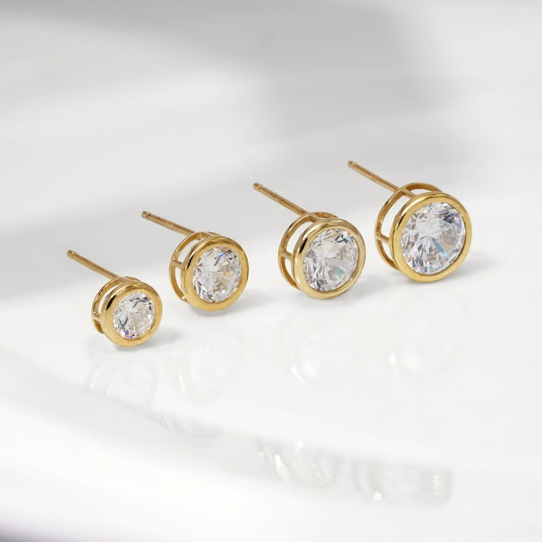 Diamonbliss 14K Real Solid Gold Solitaire Earrings for Women 14K White Gold Bezel Round Cut Studs Carat Cubic Zirconia CZ Diamond Simulant