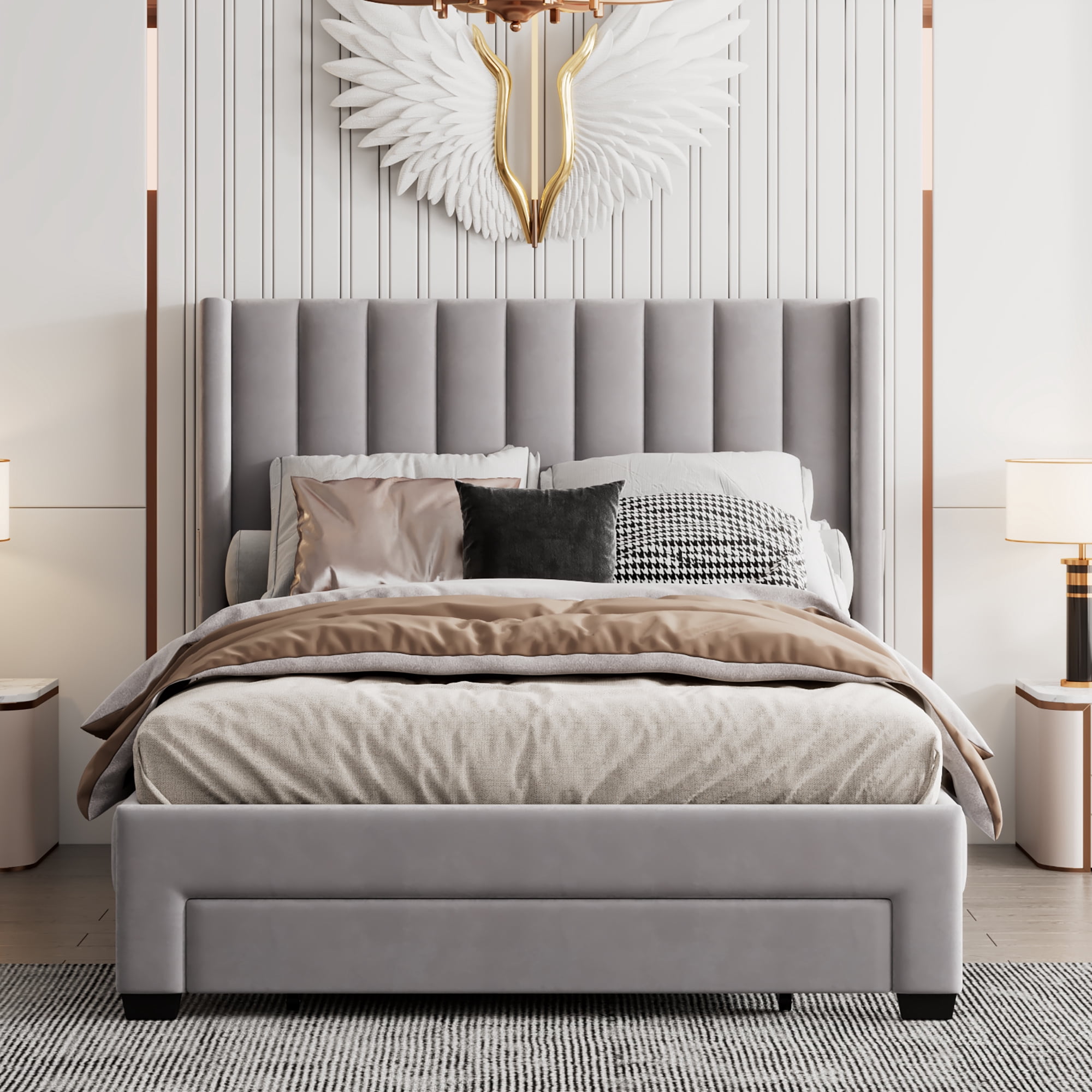 Leumius Full Size Platform Bed with A Storage Drawer,Velvet Upholstered Bed Frame with Wingback Vertical Channel Tufted Headboard,Gray