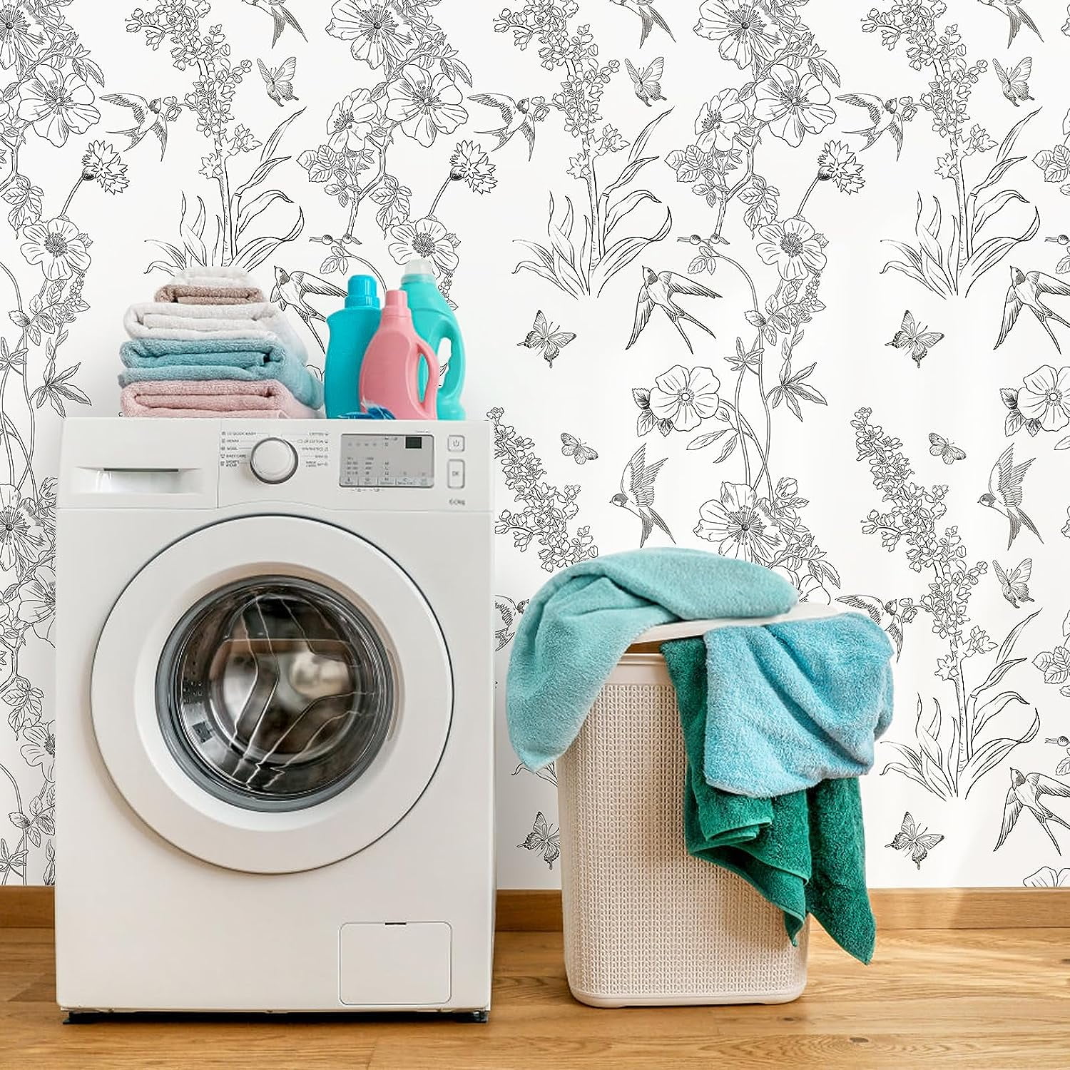 Caltero Floral Wallpaper Peel and Stick Wallpaper Black White Wallpaper Self Adhesive Removable Contact Paper,17.71" x 394"