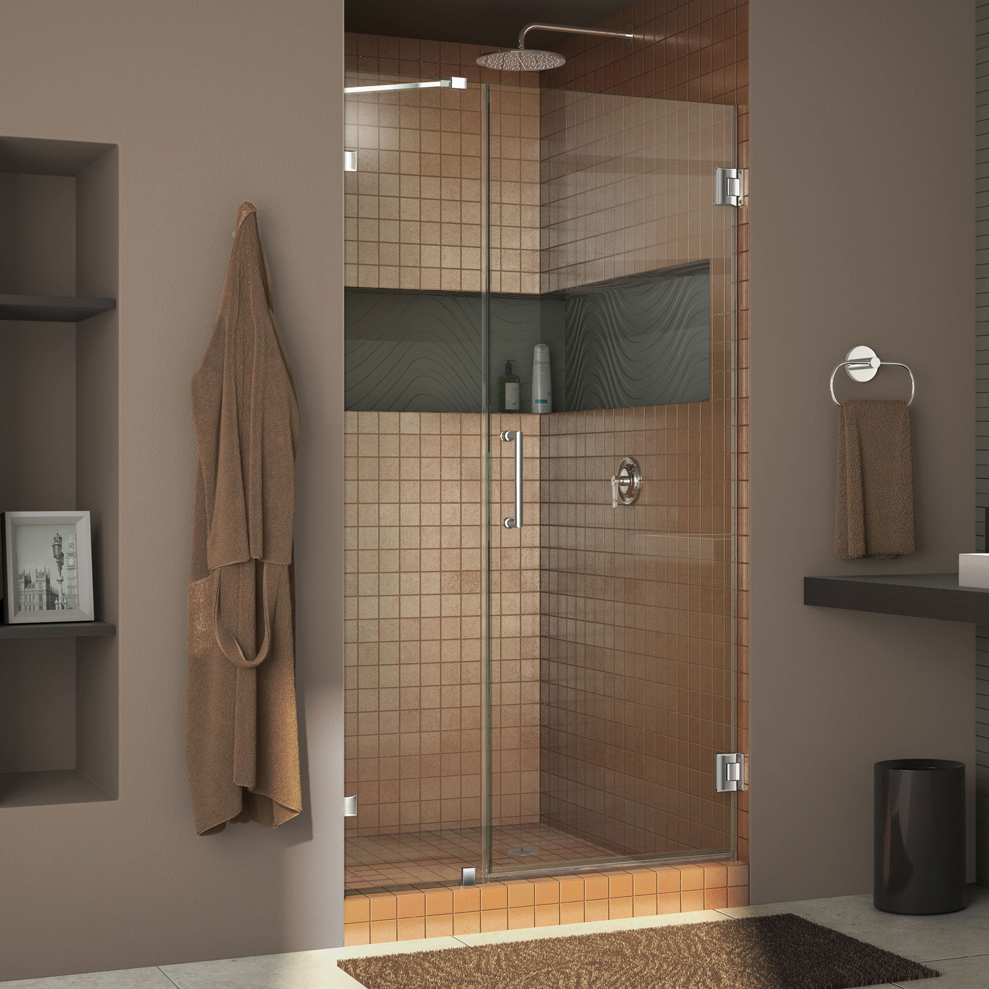 UnidoorLux 42" Frameless Hinged Shower Door, Clear 3/8" Glass Door, Chrome