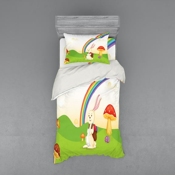 Ambesonne Rainbow Bedding Set 3 Pcs, Bunny Easter Egg, Twin XL, Multicolor