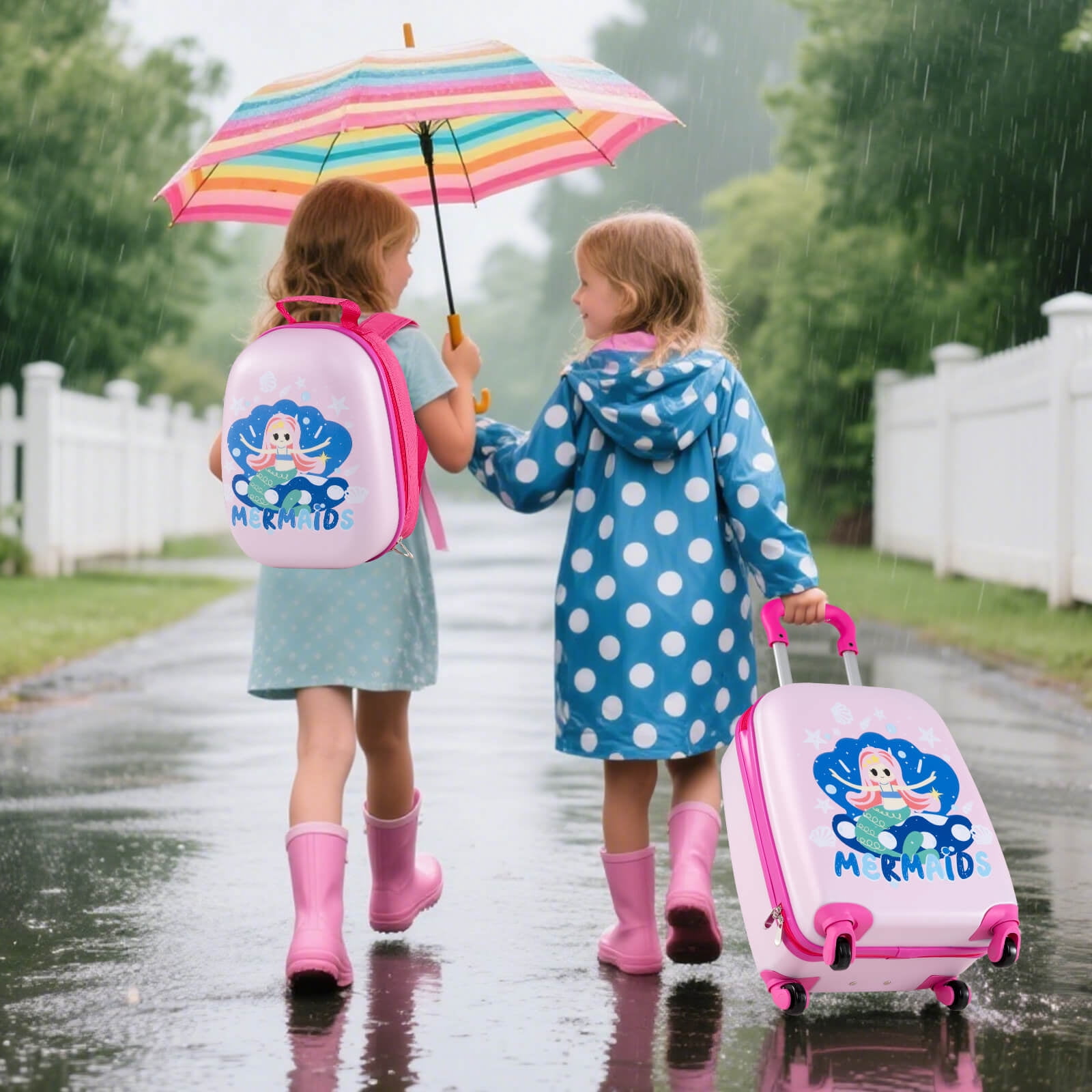 Costway 2PC Kids Carry On Luggage Set 12" Backpack and 16" Rolling Suitcase for Travel Pink + Blue