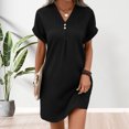 thumbnail image 2 of Joernso Summer Women Dress V Neck Button Short Sleeves Loose Solid Color Pullover Casual Daily Wear Dating Mini Dress, 2 of 6