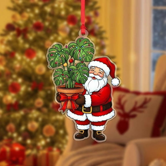TiniDecor Santa with Monstera Ornament 2025, Funny Plant Lover Christmas Acrylic Decoration
