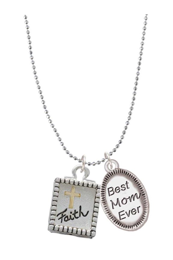Two-tone Shadow Box ''Faith'' with Cross Best Mom Ever Charm Necklace