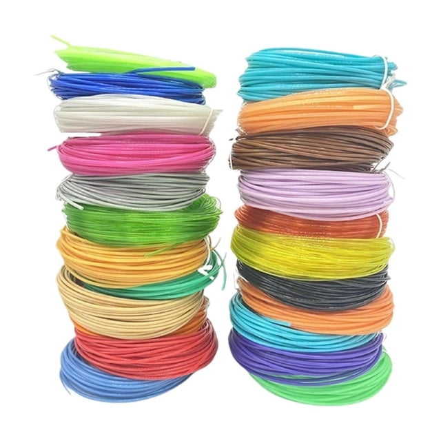 9 50 100 200 Meters PLA Filament for 3D Pen Printer in multiple vibrant colors, 1.75mm diameter. Made from biodegradable PLA material, it is designed for 3D printing pens to create 3D objects. Features include no smell, no smoke, low melting point, and easy shaping. The image shows neatly coiled bundles of filament in various colors, such as green, blue, pink, orange, and more, stacked in two columns.