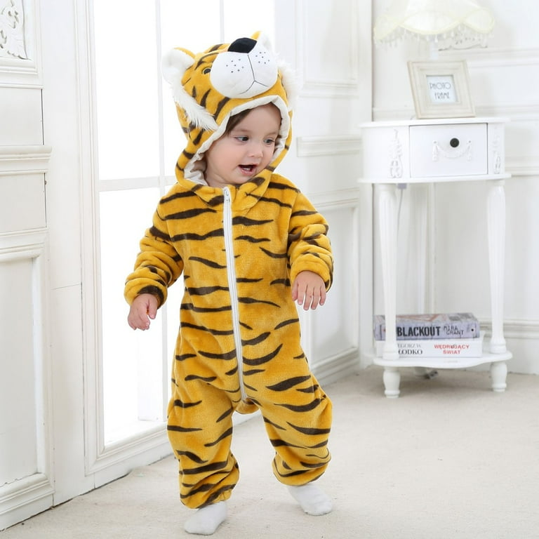 0 3T Newborn Toddler Baby Winter Warm Fleece Hooded Rompers Tiger