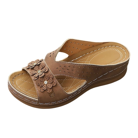 Slippers for Women,Summer Slippers Casual Fish Toe Sandals With Hollow Out Flower Design Thick Platform Slides For Daily Wear,Womens Slippers,Brown,7.5