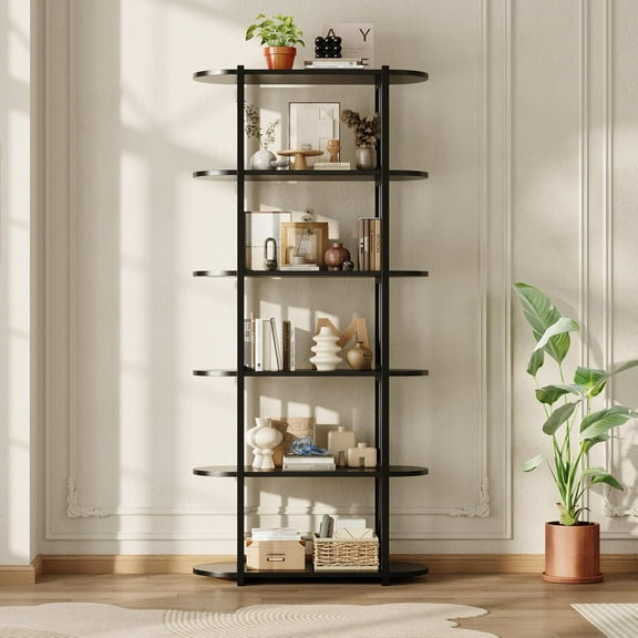6-Tier Industrial Bookshelf, 71" Tall Metal and Wood Bookcase with Open Display Shelves, Modern Shelving Unit for Bedroom, Living Room, Home Office, Black