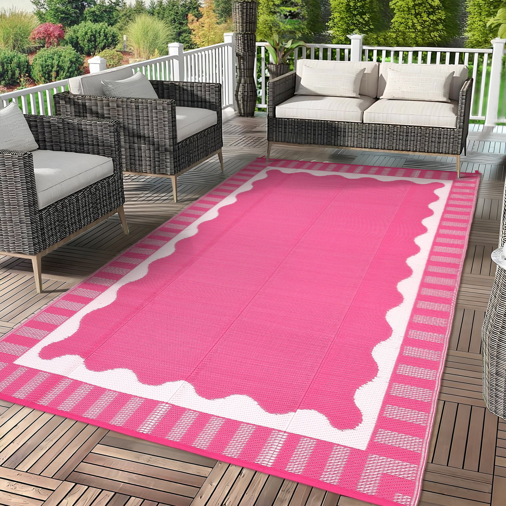 Hasoo 9' x 12' Pink Outdoor Rug for Patio Decor Waterproof Plastic Straw Modern Geometric Scalloped Bordered Pattern Carpet PP Tube Woven Portable Camping Mat for Picnic Balcony