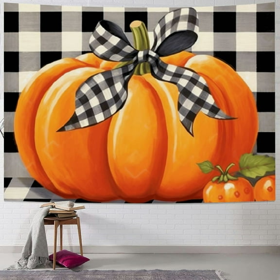 Fenyluxe Pumpkin Bow Checkerboard Pattern Print Tapestry Wall Hanging Art Short Plush Home Decor for Living Room Bedroom Dorm - Set of 1 - Various Sizes Available 40x30inch