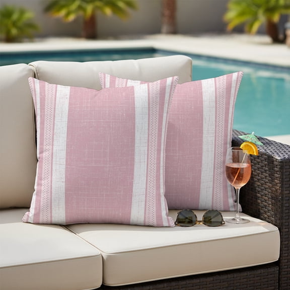 Pink Stripe Outdoor Waterproof Throw Pillow Covers Set of 2, 26"x26", Country Farmhouse Vintage Lines Black White Plaid Decorative Pillow Covers Outside Cushion Case for Patio Porch Garden