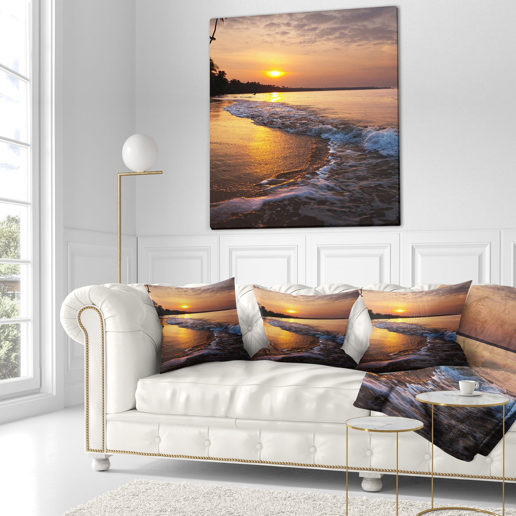 Designart White Foaming Waves at Sunset - Modern Beach Throw Pillow - 18x18