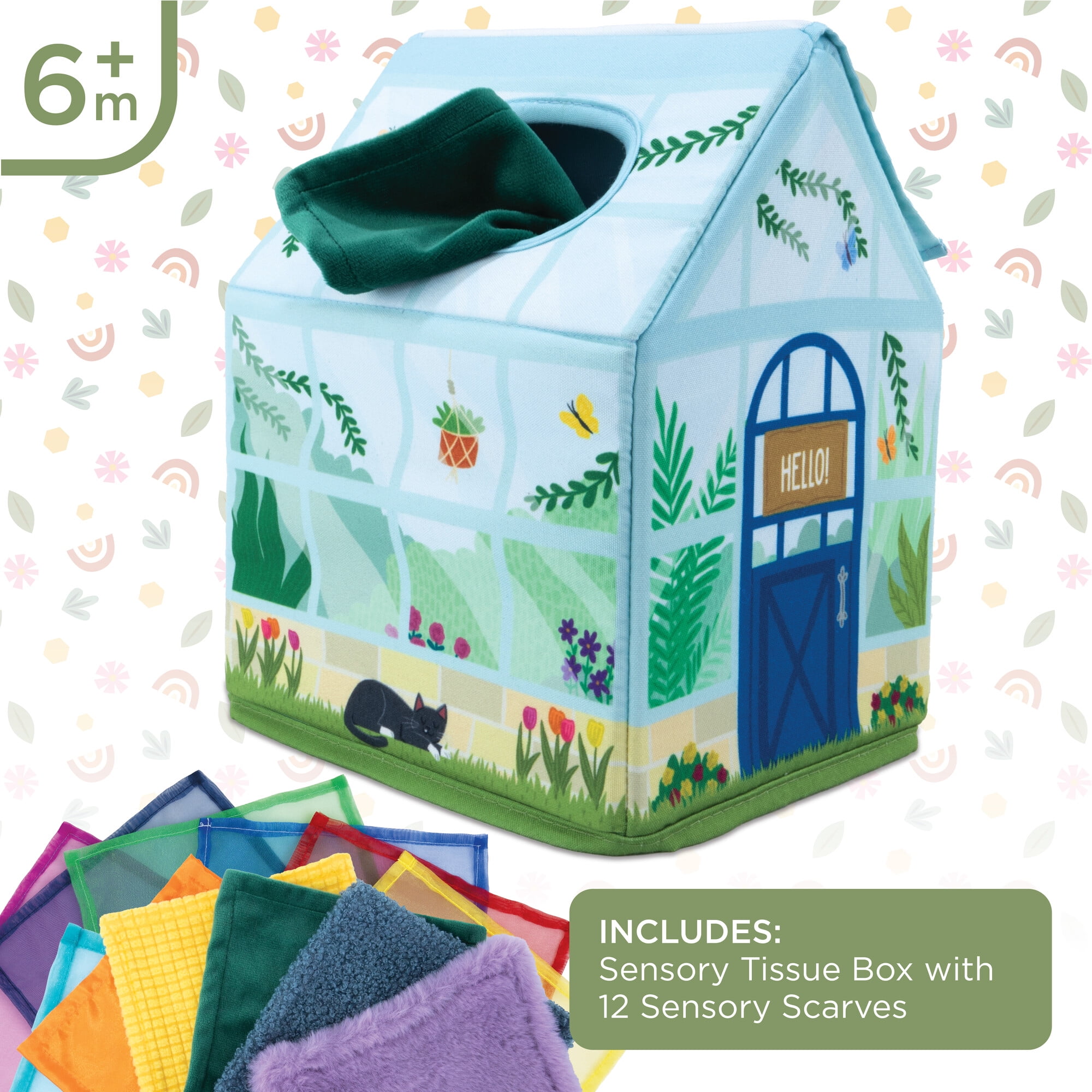 MindWare Sensory Sprouts Tissue Scarf Box, Montessori Toys for Babies 6-12 Months, Baby Tissue Box Toy, Soft Greenhouse-Shaped Tissue Box and 12 Sensory Scarves Featuring Different Textures