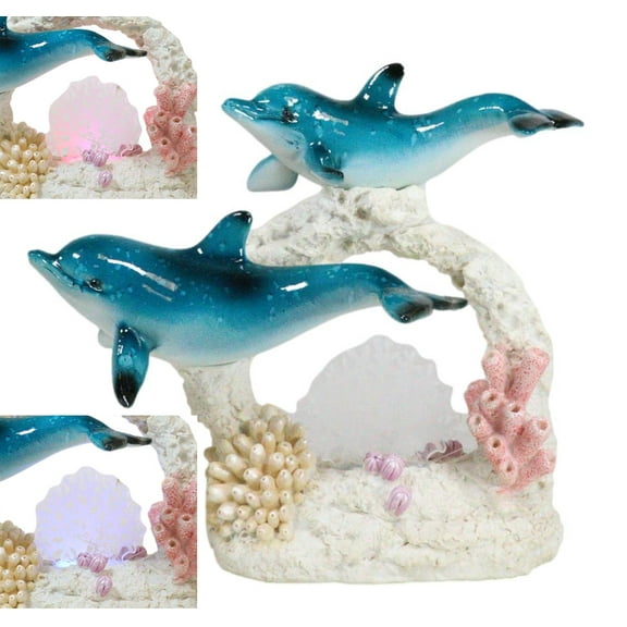 Blue Dolphins Family Swimming Over Acrylic Art Coral Reef LED Light Figurine