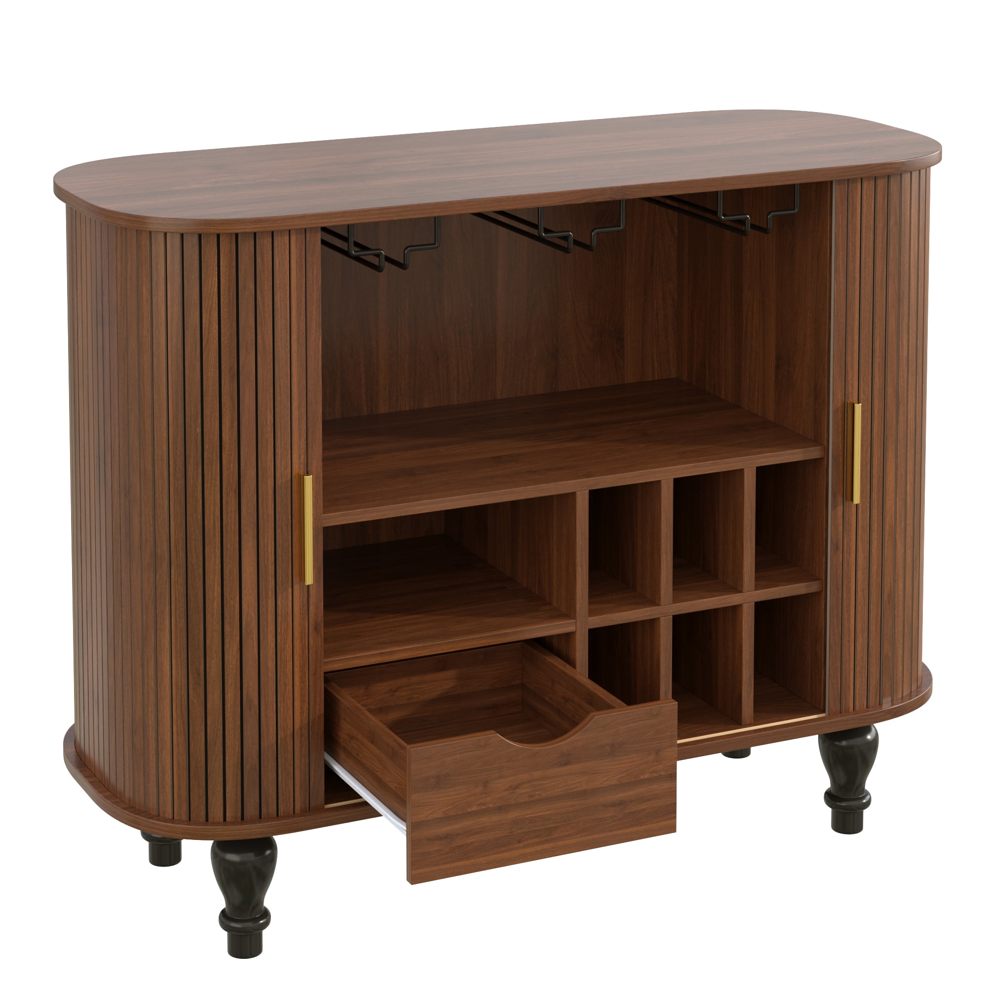 Euroco 39" Wine Bar Cabinet, Standing Liquor Cabinet with 6 Wine Racks,3 Glass Holders,Storage Drawer & Side Hidden Storage Space,Coffee Bar Cabinet for Kitchen Dining Room,Walnut