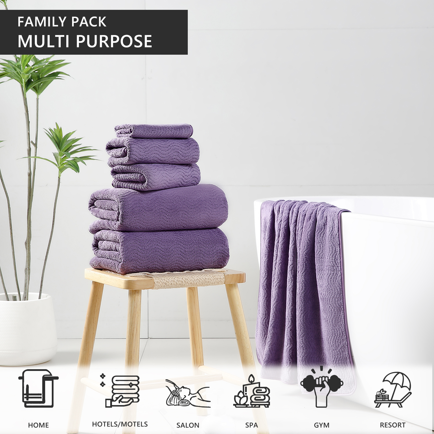 Covina Home 8 Pcs Bath Towel Set Dark Purple Microfiber Bathroom Towel Set Ultra Soft Plush Oversized Towels Adult Luxury Bath Sheet