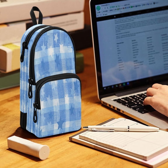 Backpack Pencil Case, 3 Compartment Large Capacity Oxford Fabric Pencil Pouch / Gentle Blue Stars