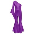 thumbnail image 3 of IEFIEL Girls Shiny Metallic Bell-Bottom Dance Jumpsuit One Shoulder Side Zipper Bodysuit Carnival Performance Costume A Purple 6, 3 of 7