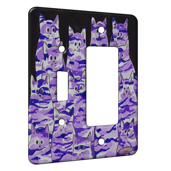 KuzmarK™ 2 Gang Single Toggle / Single Duplex Rocker Wall Plate - Purple Camo Camouflage Kitties Abstract Cat Art by Denise Every
