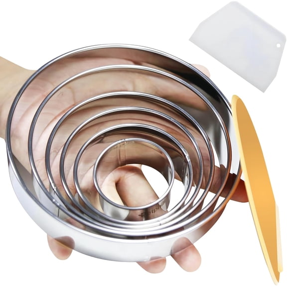 6 Pcs Round Cookie Cutter Set (2, 3, 3.5, 4, 5, 6 Inch)，Large Stainless Steel Circle Cookie Cutter, Baking Tools for Donuts, Cakes, Pastries & Sandwiches,   2 Bonus Scrapers