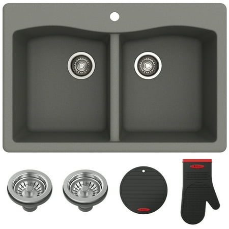 KRAUS Forteza™ 33” Dual Mount 50/50 Double Bowl Granite Kitchen Sink in Grey
