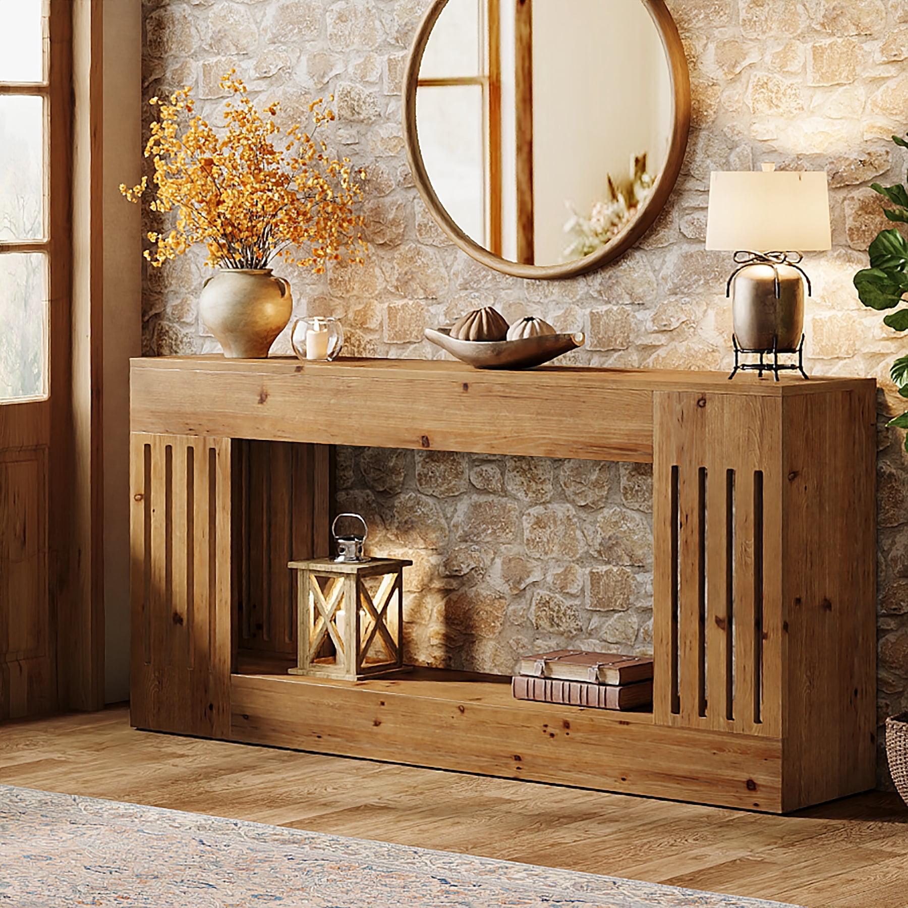 Tribesigns 63-Inch Solid Wood Console Table, Farmhouse Sofa Table with with Vertical Stripe Legs, 2-Tier Entryway Table for Entrance, Hallway, Living Room, Brown