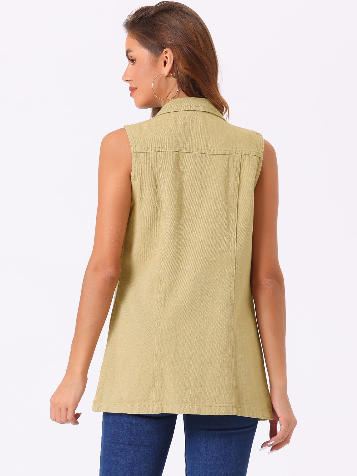 DARING DIVA Women's Button Down Sleeveless Pockets Mid-Long Denim Vest M Khaki