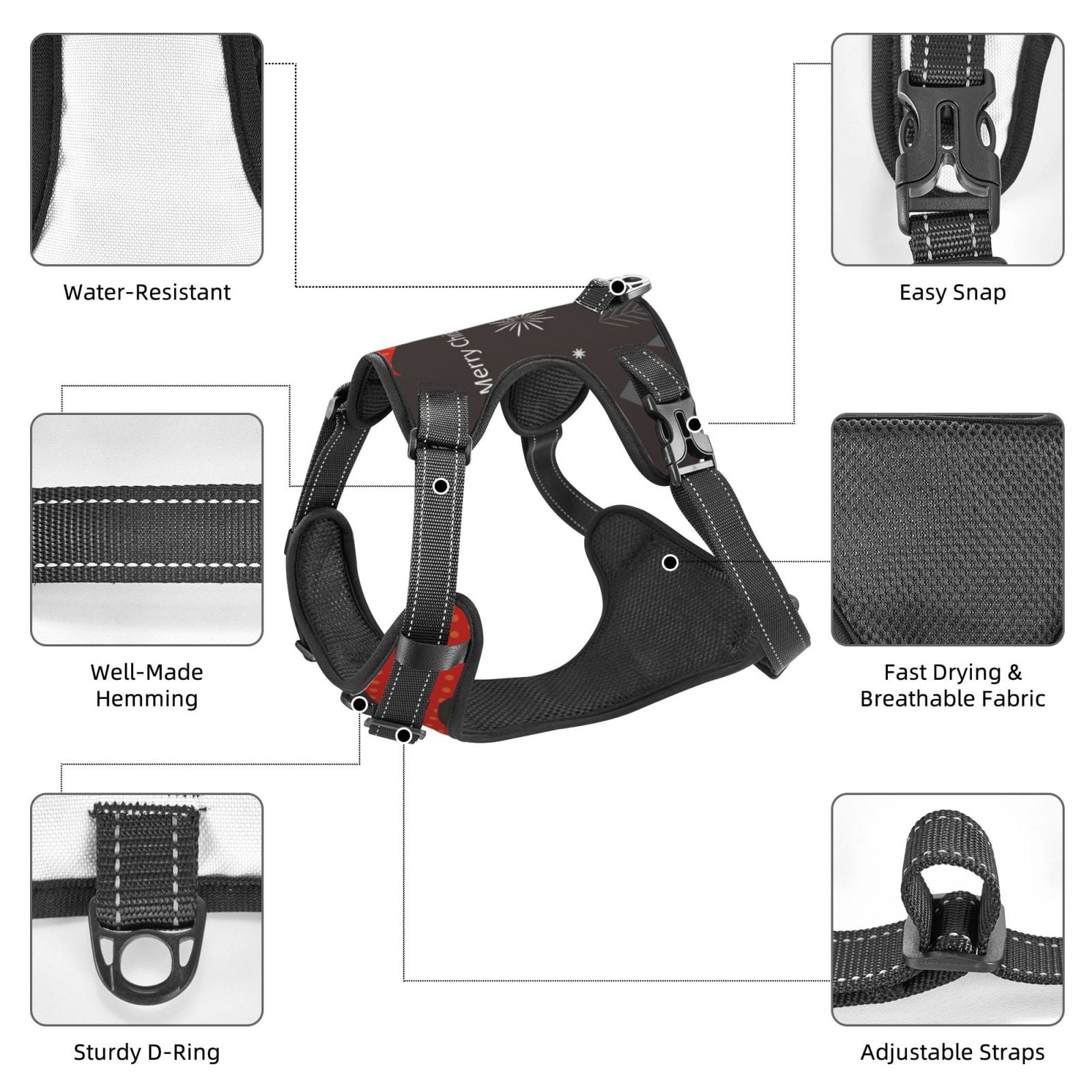 Fuzoiu Christmas Gnomes In Red Hats Print Reflective Dog Harness,Adjustable, Breathable Pet Vest,Dog Harness No Pull,No Choke Pet Vest for Small, Medium, and Large Dogs-Medium